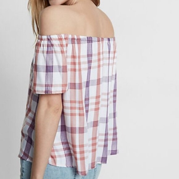 EXPRESS Plaid Off the Shoulder Blouse White Mauve Rose Pink Short Sleeve Summer - Picture 3 of 12